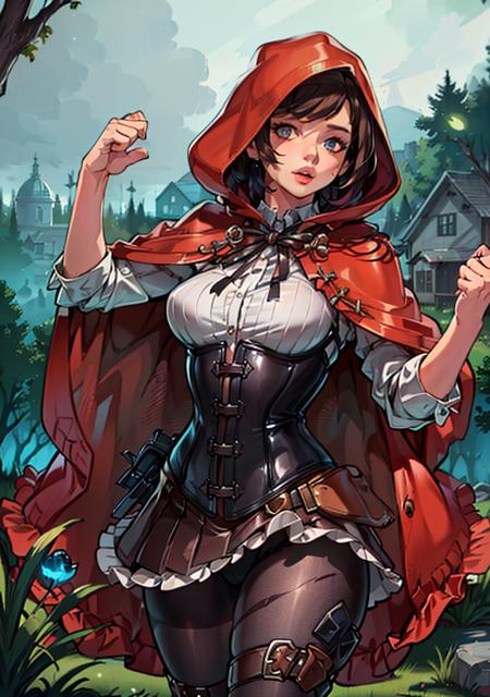 06551-3527692370-(RedHoodWaifu_1), 1girl, cute, (messy hair, brown hair, short hair), (red hood, cape, corset, dress), cute pose, __(realistic_1.png